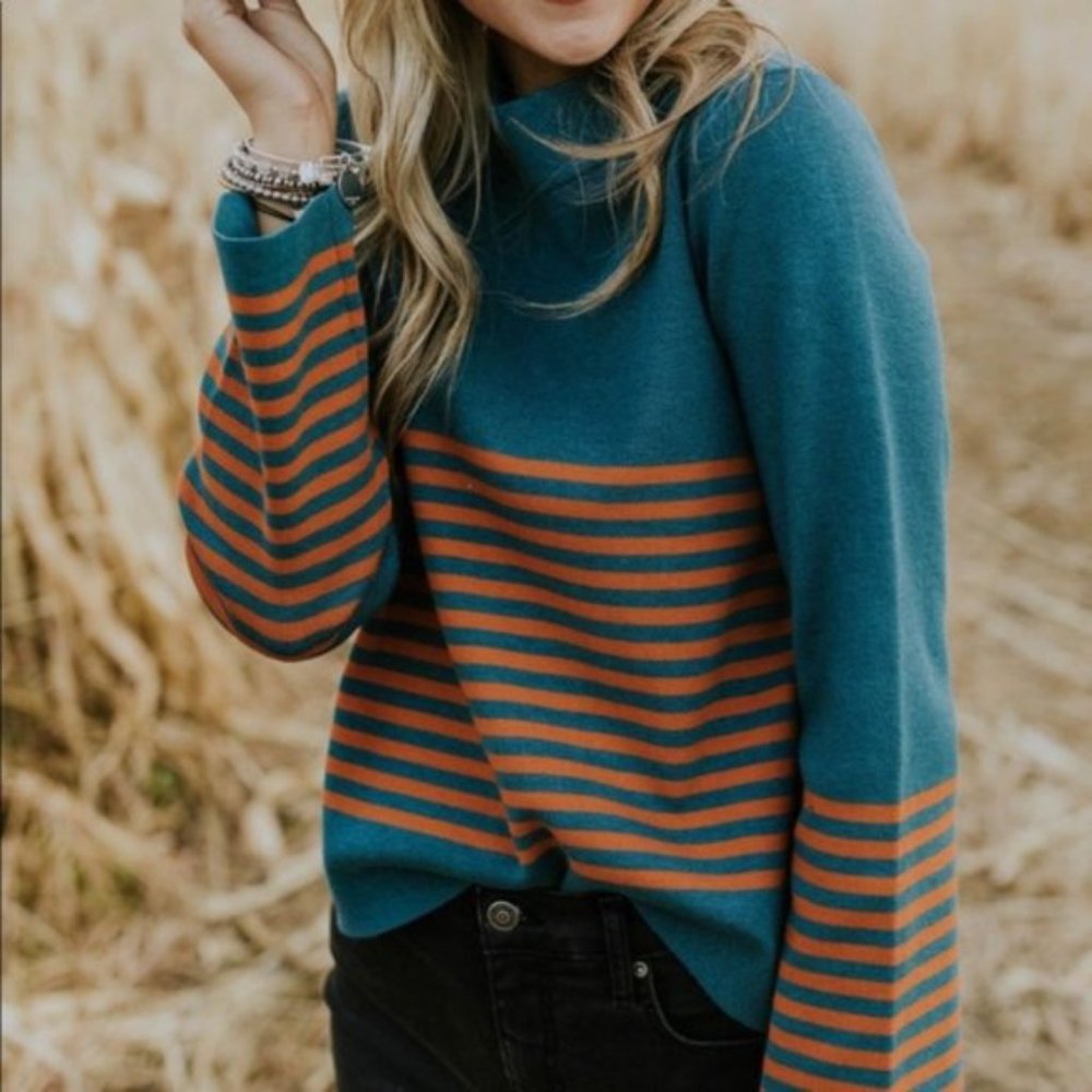 Roolee Denton Orange and Teal Striped Bell Long Sleeve Knit Sweater Size Small